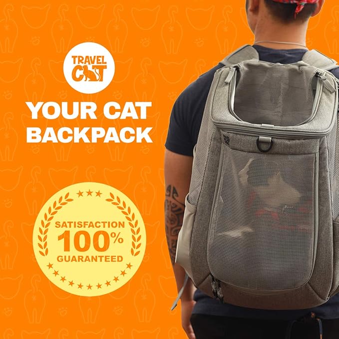 Travel Cat Navigator Carrier Bag - Premium Cat Backpacks for Carrying Cats, Travel, Hiking, Outdoor Use - Grey Mesh Backpacks for Small, Medium, Large Cats up to 25 LBS with Side Pockets, Zipper Clips