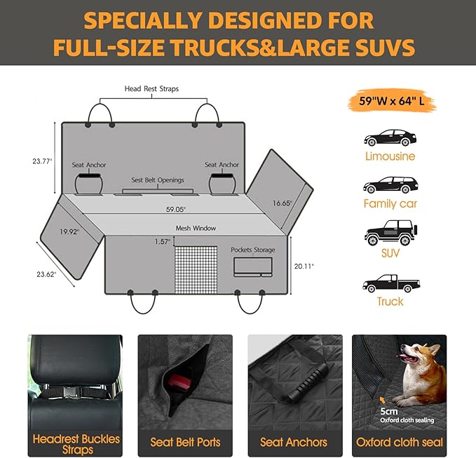 nzonpet Dog Car Seat Covers for Backseat 100% Waterproof F150- Gray