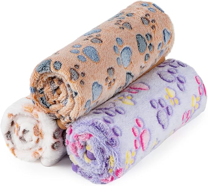 Dono 1 Pack 3 Dog Blankets for Small Dogs, Soft Fluffy Paw Print Pattern Fleece Pet Blanket Warm Sleep Mat, Puppy Kitten Blanket Doggy Mat for Dog Cat Kitten Doggy