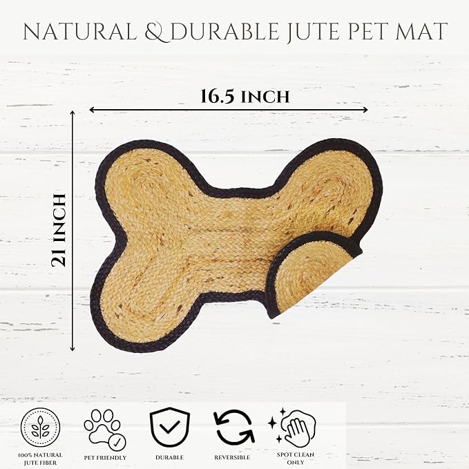 Dog Cat Bowl Mat for Food and Water Handmade Braided Jute Bone Shaped Dog Feeding Mat Cat Food Mat for Floors Black Natural Food Rug 16.5x21 inches Gift for Pet Owner (Bordered Bone, Black)