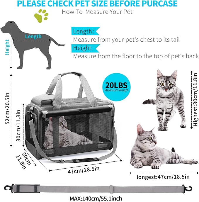 Cat Carrier Large Pet Carrier for 2 Cat, 18.5"x11.8"x11.8" Cat Bag for Midium Large Cats Airline Approved Dog Carrier for Small Dogs, Cat Travel Carrier Foldable 5-Windows Breathable Mesh Design