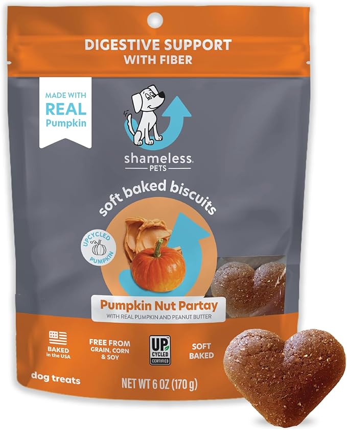 Shameless Pets Soft-Baked Dog Treats, Pumpkin Nut Partay - Natural & Healthy Dog Chews for Digestive Support with Fiber - Dog Biscuits Baked & Made in USA, Free from Grain, Corn & Soy - 1-Pack