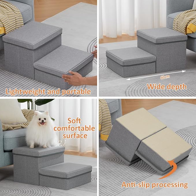 2 Step Folding Dog Step Stairs,Foldable Dog Stairs with 2 Storage Boxes for High Bed & Sofa,Pet Storage Stepper & Safety Ladder for Cats Dogs up to 60 pounds