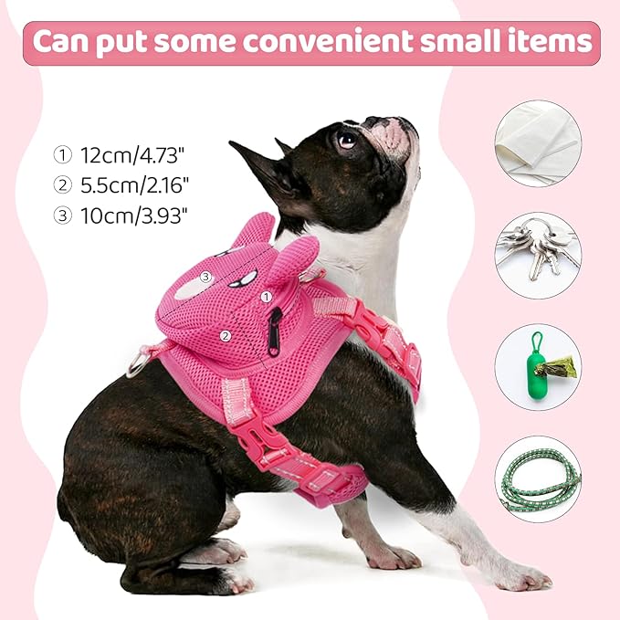 Dog Harness with Backpack No Pull Pet Harness Vest, Cute Pink Pig Dog Saddle Bag Adjustable Mesh Dog Carrier Backpacks for Hiking Training and Daily Walking, Dog Carriers for Small Medium Dogs