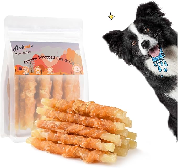 ASMPET Dog Treats Small Dogs, Chicken Wrapped Cod Fish Rich in Omega3 Rawhide Free Grain Free Natural Dog Treats Healthy for Medium Large Dogs Training Dog Chews (16 pcs,10.6 oz)