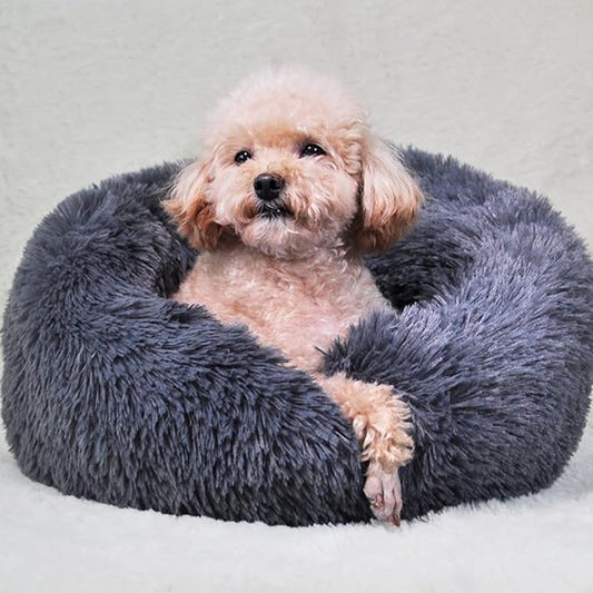 50cm Calming Dog Cat Bed, Plush Donut Pets Beds for Small Dogs Cats, Soft Puppy Kitten Cuddler Round Bed Cushion, Washable Warm Dog Beds for Improved Sleeping (Dark Grey)