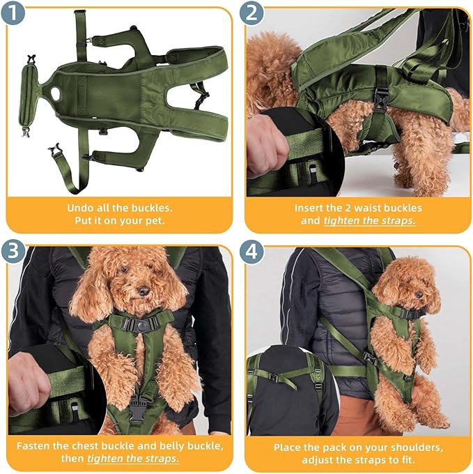 Dog Front Carrier Backpack, Dog Backpack Carrier Soft Pad, Pet Legs Out, Easy-Fit Dog Front Carrier for Small Medium Puppy, Hands Free Dog Carrier Adjustable for Cycling Hiking (Army Green, XL)