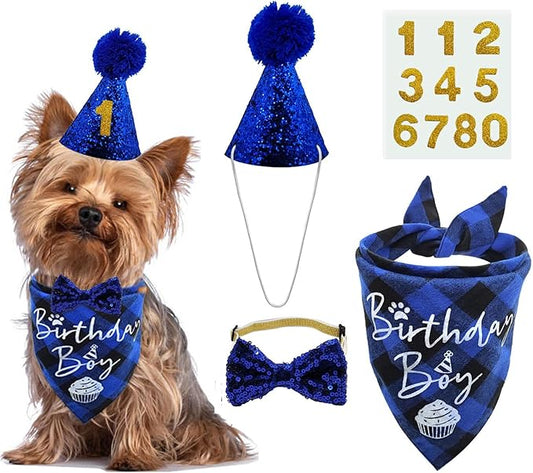 Dog Birthday Party Supplies, LMSHOWOWO Reusable Dog Birthday Bandana Set, Blingbling Dog Birthday Hat Bow Tie Numbers for Small Dogs Pets Birthday Decorations (Blue, Small)