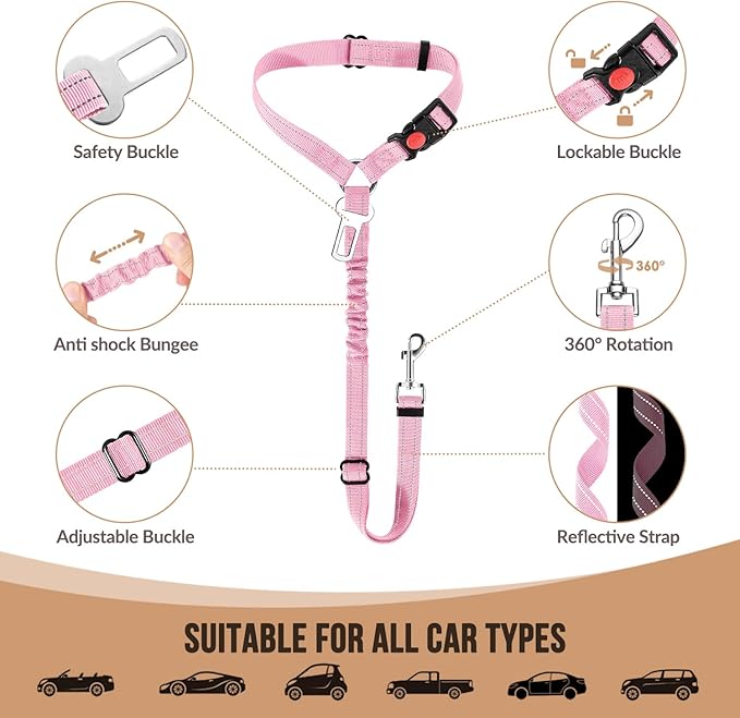 Lukovee Dog Car Seat Belt, 2 Pack Headrest Restraint Seatbelt, Adjustable Pet Safety Leads with Reflective Elastic Bungee for Dog Harness Collar Travel Daily Use (Pink,Small, Headrest+Clip)