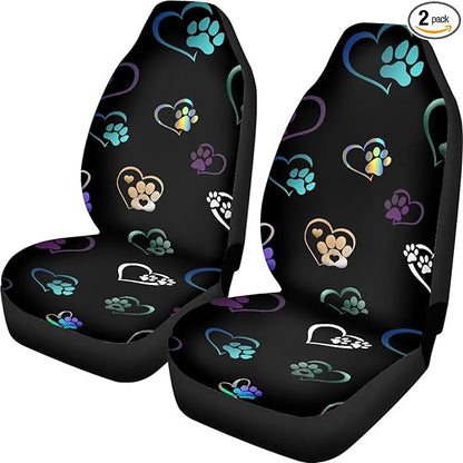 Colorful Heart Dog Paw Print Car Seat Covers Full Set of 2
