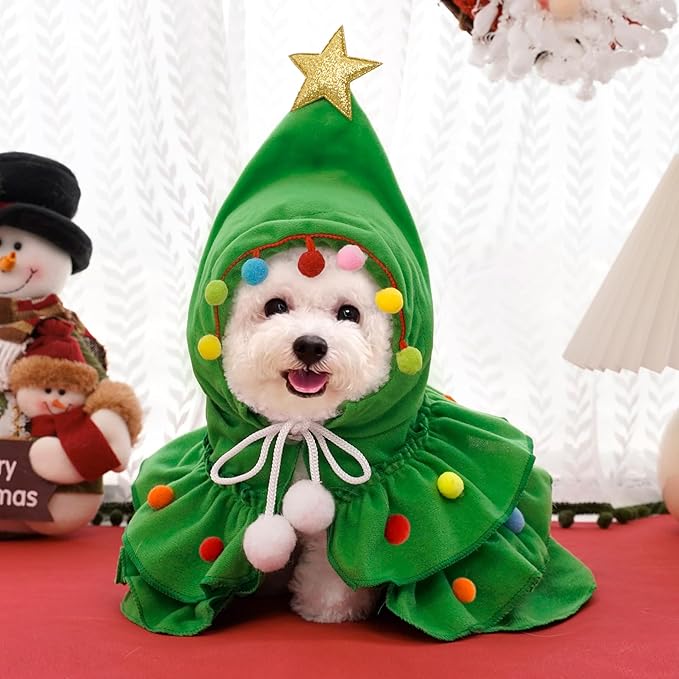 Cat Christmas Outfit Green Pet Cloak with Hat with Star and Pompoms Puppy Cape Clothes Xmas Tree Elf Costumes Party Pet Supplies Accessories for Small Dogs Cats Pet Santa Presents