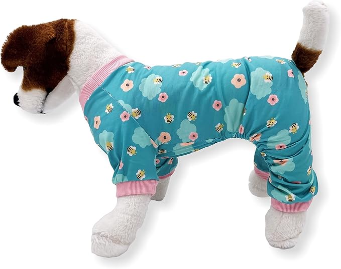 Dog Pajamas Soft COTTON Blend Jumpsuit Cute Pet Clothes for Small Medium Pet (Light Blue Bees, L: Length 18", Chest 22" - 26")