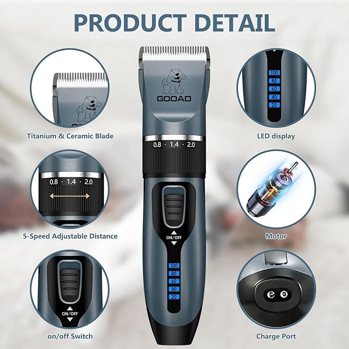 Dog Clippers Grooming Kit Hair Clipper -4 in 1Low Noise -Rechargeable-Cordless Quiet Paw Trimmer Nail Grinder, Trimmer Grooming for Thick Hair&Coats,Pet Shaver for Small and Large Dogs Cats