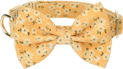 Adjustable Pet Bow Tie and Dog Collar for Small Medium Large Dogs, Puppy Collar with Bowtie, Cute Bow and Dog Collars - Comfortable, Soft, and Durable (Large, Yellow Floral)