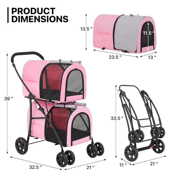 MoNiBloom Double Dog Stroller with Detachable Carrier Bags Large 4 Wheels Foldable Jogger for Small and Medium Dog Cats