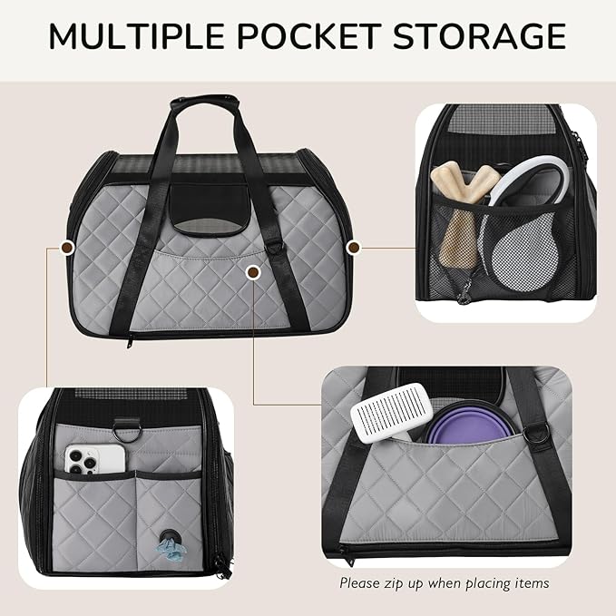 Pecute Cat Carrier Soft, Small Dog Carrier Airline Approved, Large Cat Carrier, Dog Purse Carrier for Small Dogs, Cat Travel Carrier Lightweight, Breathable, Travel Puppy Carrier up to 10lbs (Grey)