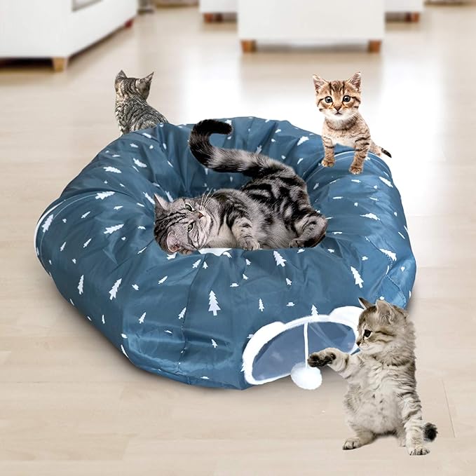 AUOON Cat Tunnel Bed with Central Mat,Big Tube Playground Toys,Oxford Cloth 410D Cloth Materia,Full Moon Shape for Kitten,Cat,Puppy,Dog,Rabbit,Ferret,Blue