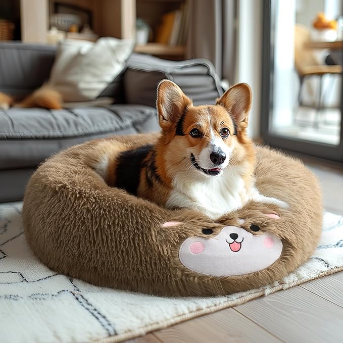 Veehoo Donut Calming Dog Beds for Medium Large Dogs-Round Cute Dog Bed Comfort Pet Bed 30" Camel