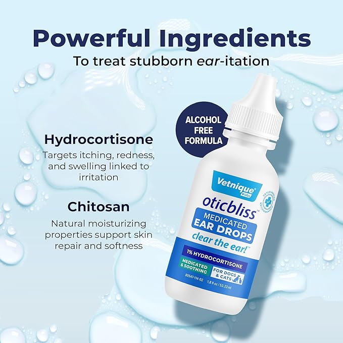Vetnique Oticbliss Medicated Cat & Dog Ear Cleaner Drops 1% Hydrocortisone