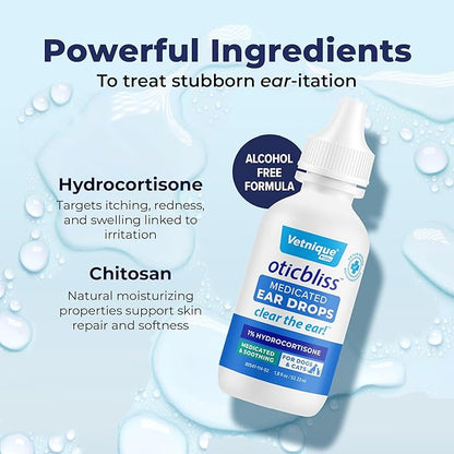 Vetnique Oticbliss Medicated Cat & Dog Ear Cleaner Drops 1% Hydrocortisone