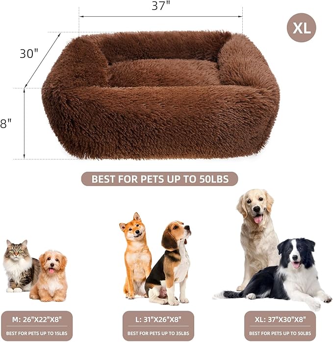 37 Inch Large Dog Beds for Small Medium Large Dogs, Comfy Pet Bed with Sides, Anti Anxiety Fluffy Dog Cuddler Beds, Rectangle Calminging Bed, Coffee