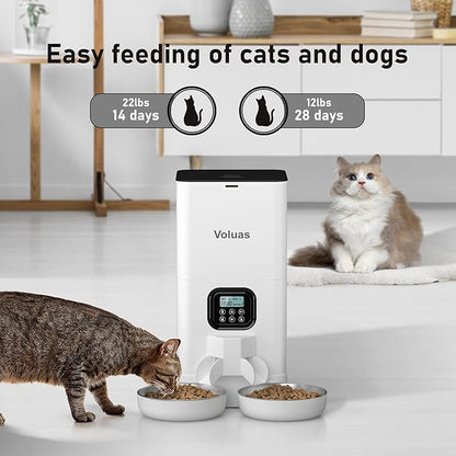 Voluas Automatic Cat Feeders for Two Cats, Double Pet Feeder with 2 Stainless Steel Bowls,6L Timed Cat Feeder with Memory Function, Pet Food Dish