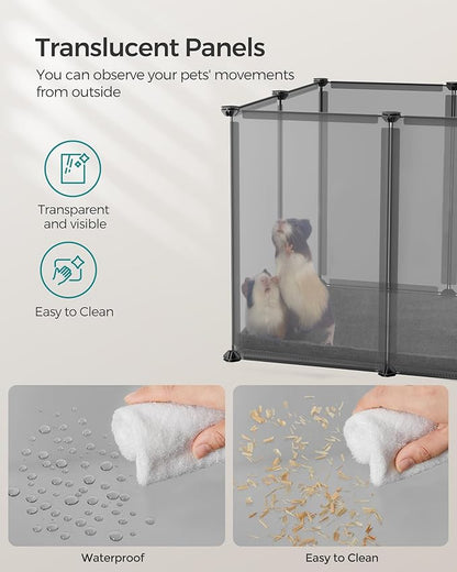 SONGMICS 20 Panels Pet Playpen with Floor, Small Animal Playpen, Pet Fence Indoor, DIY Plastic Enclosure for Guinea Pigs, Bunny, Hamsters, Hedgehogs, 49.2 x 24.8 x 16.5 Inches, Gray ULPC001G01