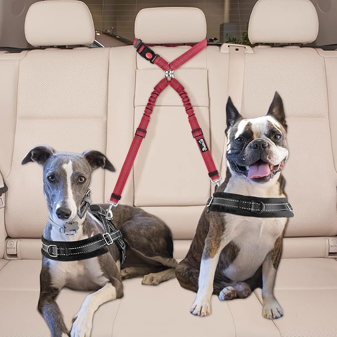 Lukovee Double Dog Seat Belt, New Dual Pet Car Headrest Restraint Safety Seatbelt No Tangle Dog Leash Duty Adjust Elastic Bungee Puppy Lead Splitter Connect Harness in Vehicle Travel for 2 Dogs (Red)