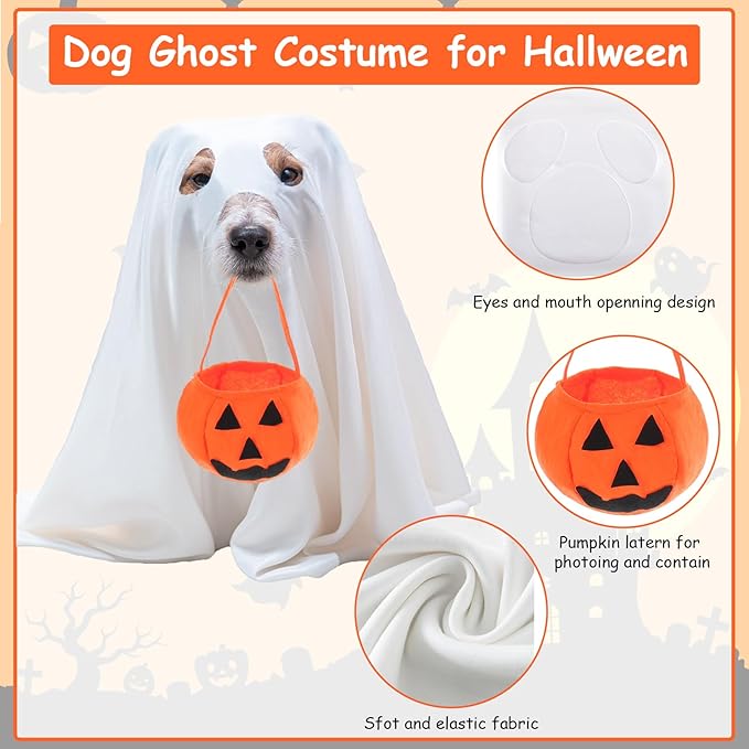 Mity rain Dog Halloween Costumes - Dog Ghost Costume with Felt Pumpkin Trick or Treat Bucket, Small Dog Halloween Costumes (28Pounds), Funny and Cute Dog Costumes Clothes for Halloween Cosplay Party