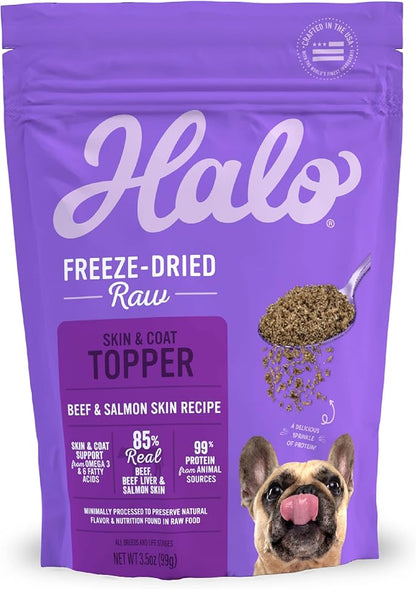 Halo Freeze Dried Raw Skin & Coat Topper, Beef and Salmon Skin Recipe, Raw, Real Meat Topper, All Life Stages, 3.5-OZ Bag