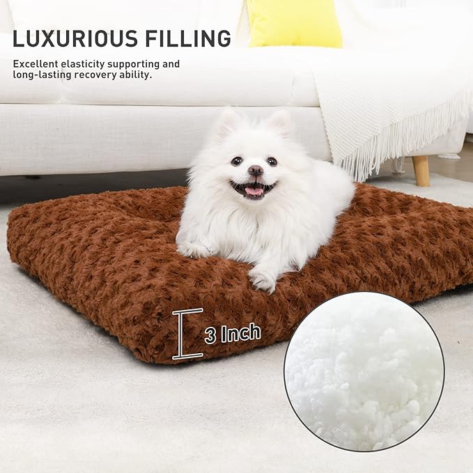 KSIIA Washable Dog Bed Deluxe Plush Dog Crate Beds Fulffy Comfy Kennel Pad Anti-Slip Pet Sleeping Mat for Large 23" x 18", Brown