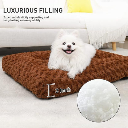 KSIIA Washable Dog Bed Deluxe Plush Dog Crate Beds Fulffy Comfy Kennel Pad Anti-Slip Pet Sleeping Mat for Large 23" x 18", Brown