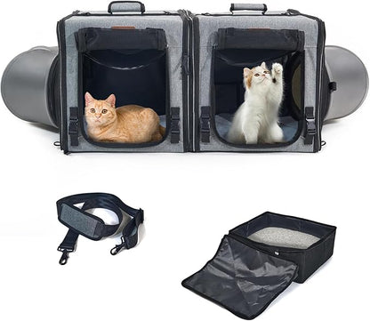 Cat Travel Carrier with Litter Box 2-in-1 Portable Double Cat Carriers for 2 Cats and Pet Shelter Ideal for Multiple Cats Soft Foldable Design with Shoulder Strap