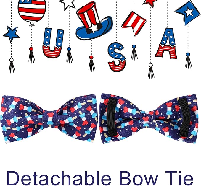 American Flag Dog Collar with Bow Tie 4th of 10-16in