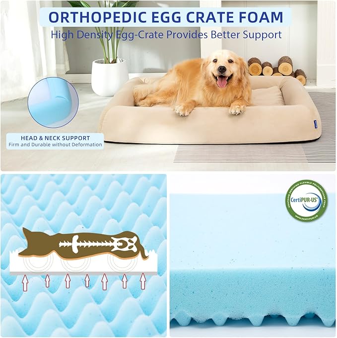 pettycare Orthopedic Dog Bed for Large Dogs Waterproof Pet Bed Soft Sofa with Two Fabrics Washable Removable Cover Egg Foam Support Anti-Slip Bottom Extra Head and Neck Support Sleeper