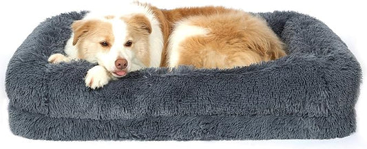 2 in 1 Calming Dog Beds for Large Dogs, Dual Layer Orthopedic Egg Crate Foam & Memory Foam Faux Fur Shag Pet Mattress Warming Rectangle Cuddle Bed Comfy Anti Anxiety, Washable Cover Anti-Slip