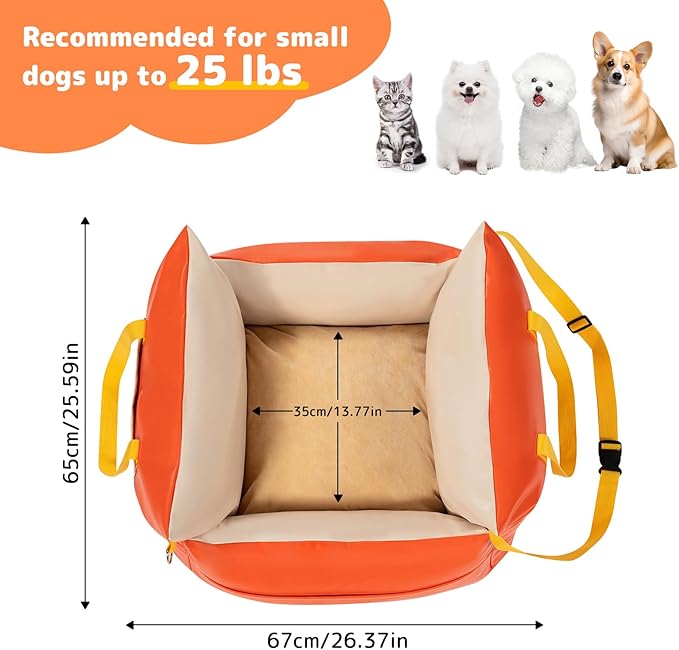 Dog Car Seat for Small Dogs Waterproof Travel Dog Bed for Car Backseat Pet Car Seat(Orange 25 lbs)