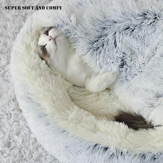 Calming Round Dog Beds &Cat Cave Bed with Hooded Cover 25.6X 25.6inch)