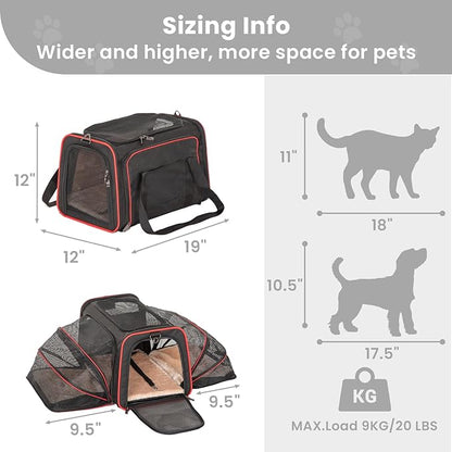 Petsfit Expandable Cat Carrier Large for 2 Cats, Soft-Sided Pet Carrier, 19x12x12 Inches, 2 Extensions for Adding Comfort, Fit for Pet Up to 15 Lbs, Black