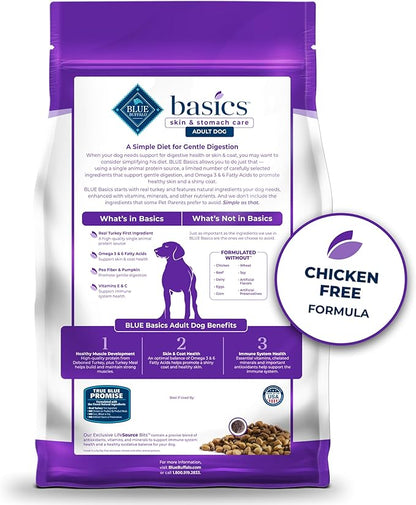 Blue Buffalo Basics Grain-Free Adult Dry Dog Food, Skin & Stomach Care, Limited Ingredient Diet for Dogs, Turkey Recipe, 4-lb. Bag