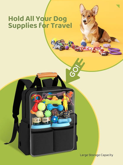 Dog Travel Bag, Airline Approved Organizer Backpack with Multi-Function Pockets, 25L Accessories Set with 2 Food Storage Containers, 2 Foldable Bowls for Weekend