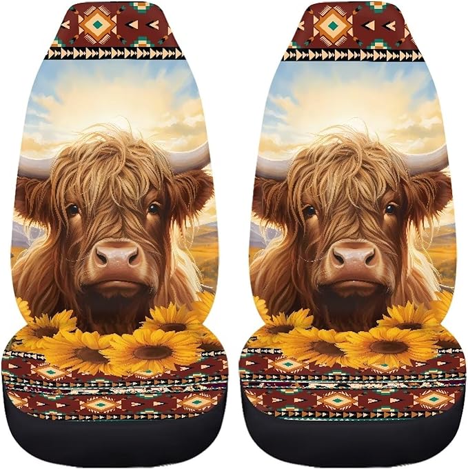 Highland Cow Sunflower Car Seat Covers for Front Seats SUV Truck Van Sedans Aztec Bucket Seat Covers for Women Men