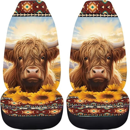 Highland Cow Sunflower Car Seat Covers for Front Seats SUV Truck Van Sedans Aztec Bucket Seat Covers for Women Men