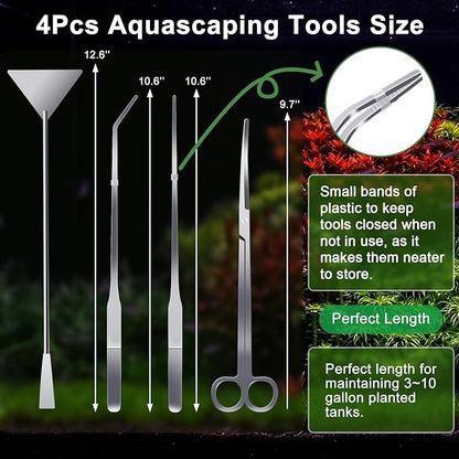 4Pcs Aquascaping Tools Kit, Jeimier Aquascape Tools Long and Strong Planted Aquarium Tweezers, Scissors, Aquarium Algae Scraper, Aquarium Plant Tools, Fish Tank Plant Trimming Kit for Aquascaping