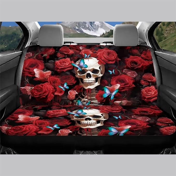 AFPANQZ Red Rose Skull Car Rear Seat Cover Non-Slip Stretch Universal Fit