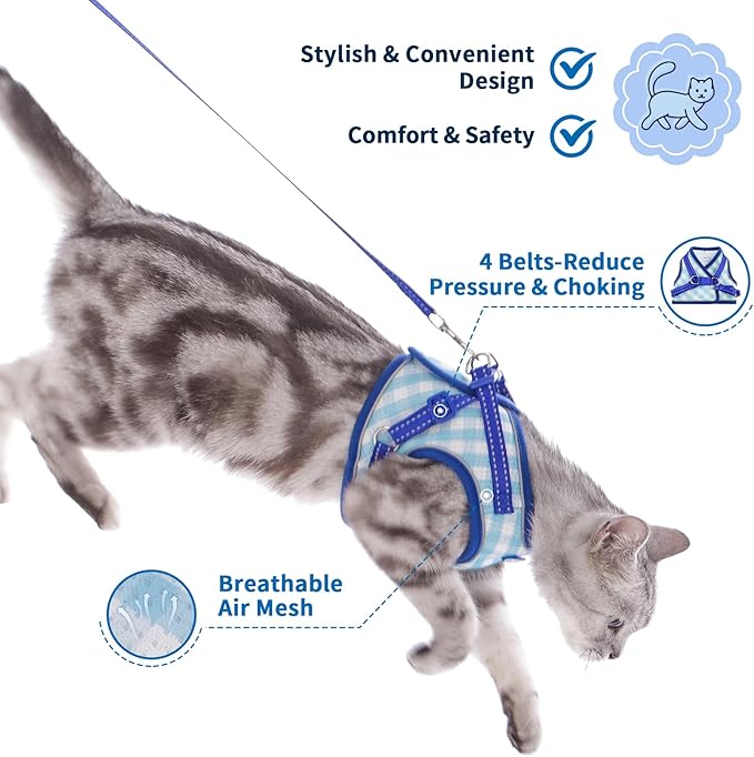 Supet Cat Harness and Leash Set for Walking and Small Dog Soft Mesh Plaid Harness Adjustable Vest with Reflective Strap Comfort Fit for Pet Kitten Puppy Rabbit