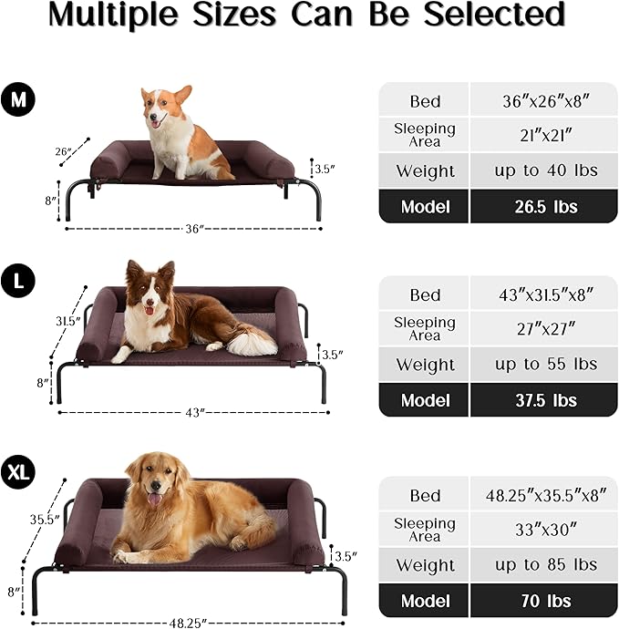 WESTERN HOME WH Elevated Dog Bed Cot, Raised Outdoor Dog Bed with Bolster for Large Dogs, Slightly Chew Proof Portable Cooling Pet Cot with Breathable Mesh, Skid-Resistant Feet, Brown, 43 inches