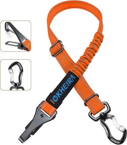 IOKHEIRA Dog Seatbelt, Orange Dog Seat Belt, Adjustable Dog Seatbelt Harness, Reflective Bungee Dog Car Seatbelt with Hook& Buckle, Dog Car Seat Belt with Aviation Aluminum Alloy Swivel Carabiner