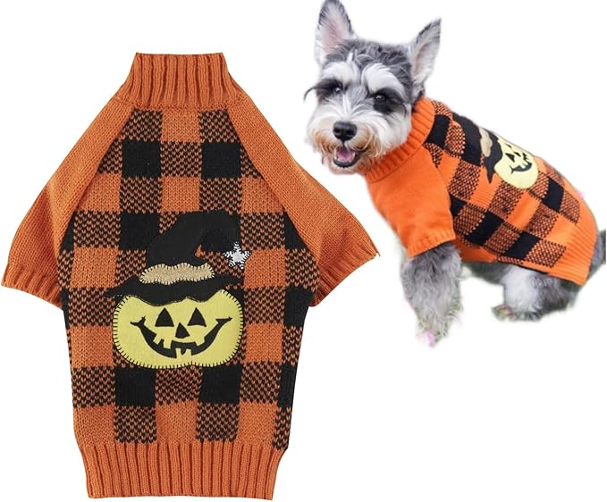 Orange Black Plaid Pet Halloween Costume Pumpkin Dog Sweater for Dogs