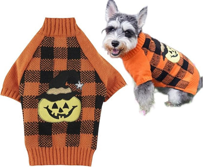 Orange Black Plaid Fashion Pet Halloween Costume Clothes Pumpkin Dog Sweater for Dogs